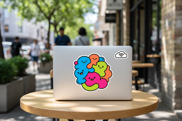 Laptop with colorful sticker on a table outdoors