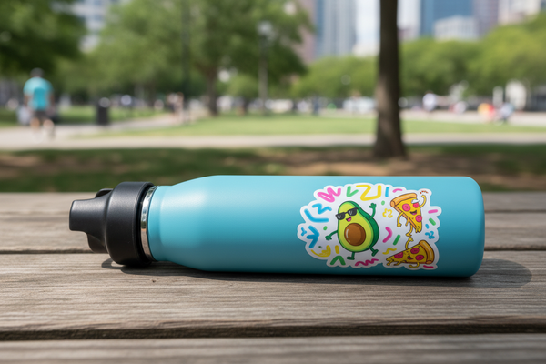 Blue water bottle with colorful design on a wooden surface in a park setting