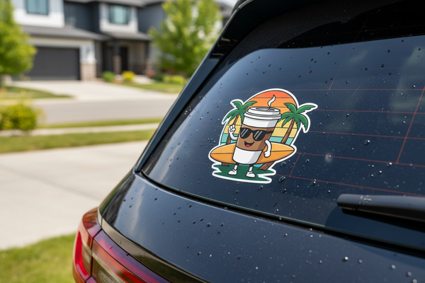 Car window with a cartoon decal of a character holding a surfboard and palm trees.