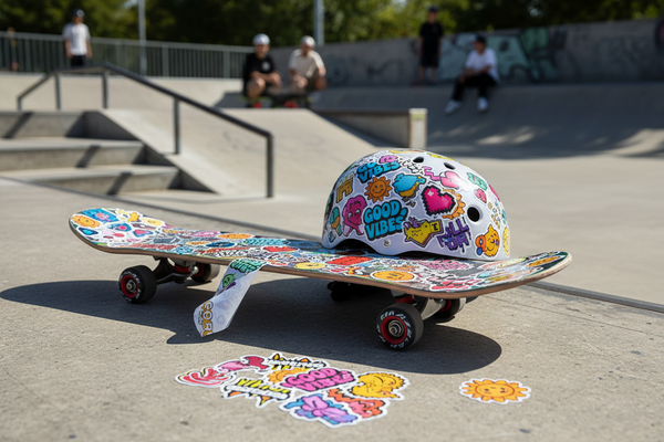 Colorful helmet with stickers on a skateboard at a skate park
