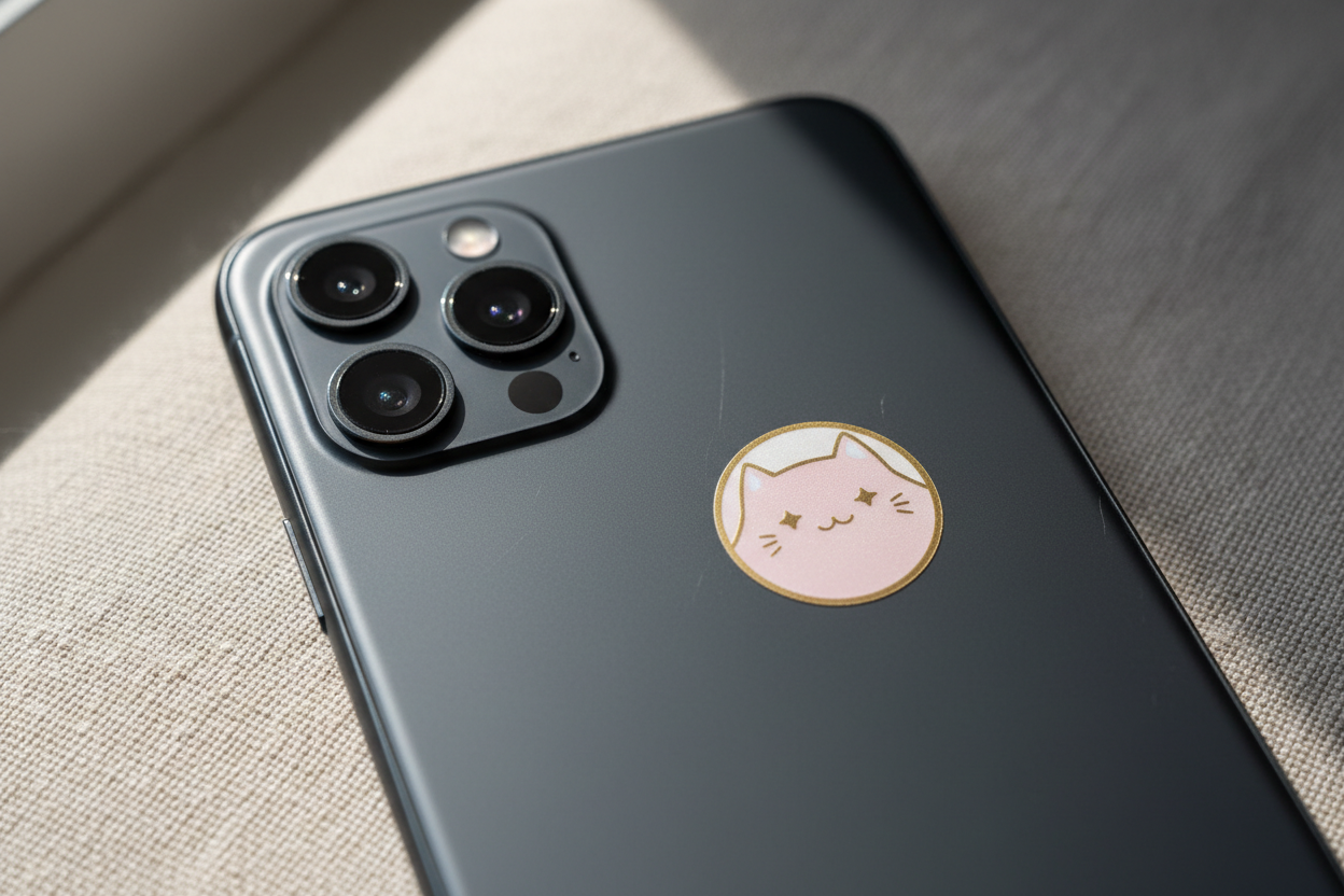 Phone case with a cute cat design on a gray surface