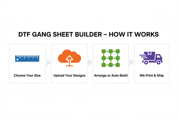Diagram of DTF Gang Sheet Builder process with icons and text on a white background