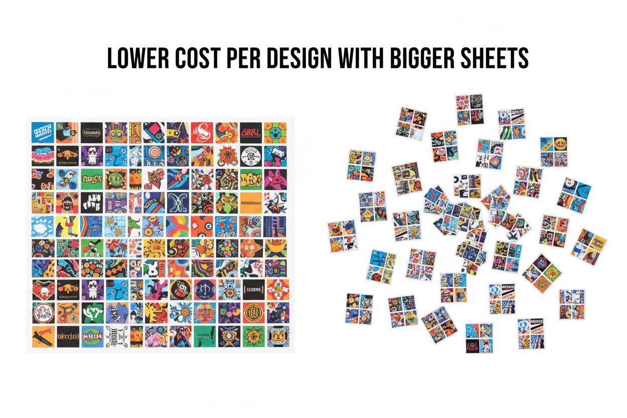 DTF gang sheet cost per design comparison showing multiple prints on one large 22 inch sheet