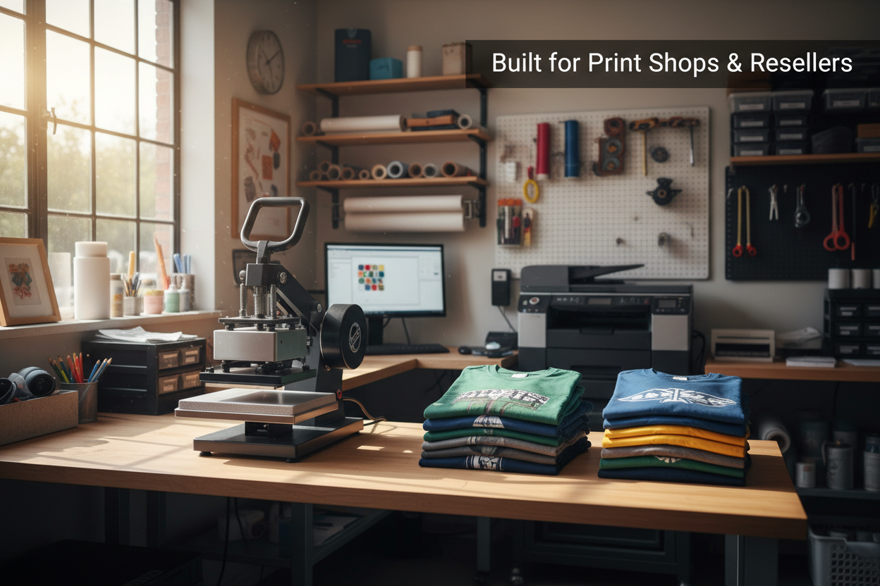 DTF gang sheet transfers used in professional print shop workspace with heat press and custom apparel