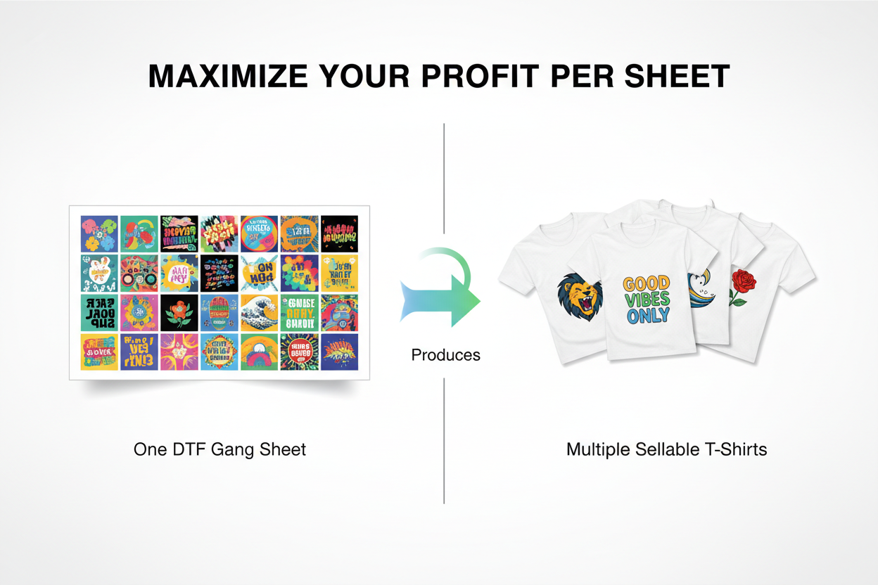 DTF gang sheet showing multiple finished shirts to illustrate reseller profit margin
