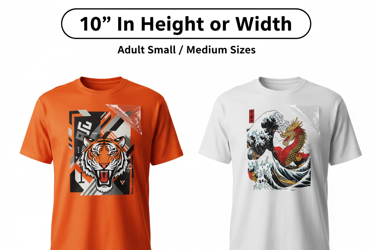 10 inch DTF transfer front print on adult t-shirts with GRAVITY DESIGN streetwear graphics and visible peeling transfer film during application