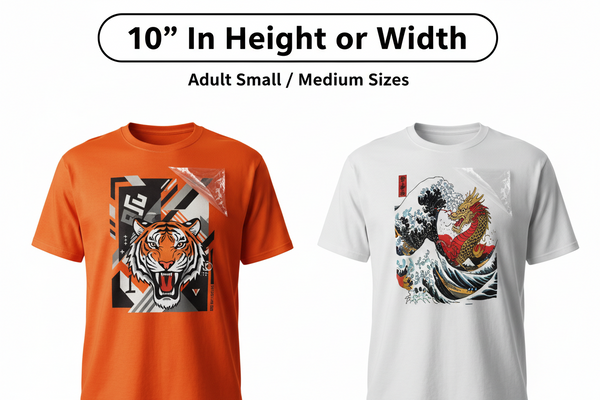 10 inch DTF transfer front print on adult t-shirts with GRAVITY DESIGN streetwear graphics and visible peeling transfer film during application