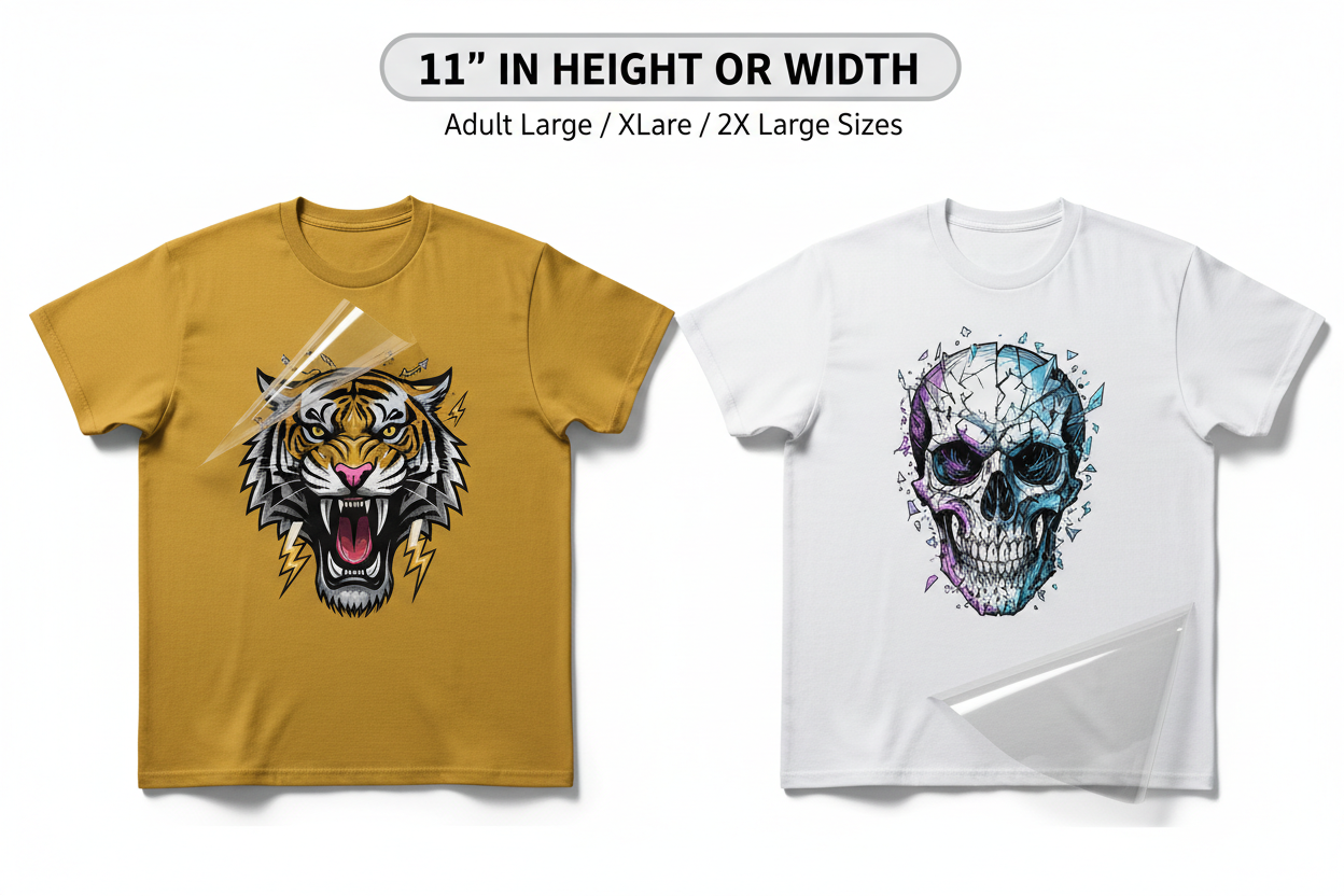 11 inch DTF transfer chest print on large adult shirts featuring GRAVITY DESIGN streetwear artwork with partially peeled transfer film