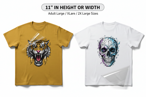 11 inch DTF transfer chest print on large adult shirts featuring GRAVITY DESIGN streetwear artwork with partially peeled transfer film