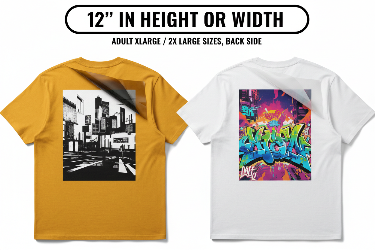 12 inch DTF transfer back print on XL adult shirts with GRAVITY DESIGN streetwear graphic and peeling transfer film visible