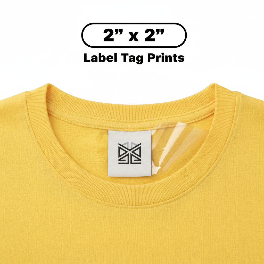 2x2 inch DTF transfer label tag inside t-shirt collar with GRAVITY DESIGN logo and partially peeled film showing heat press result