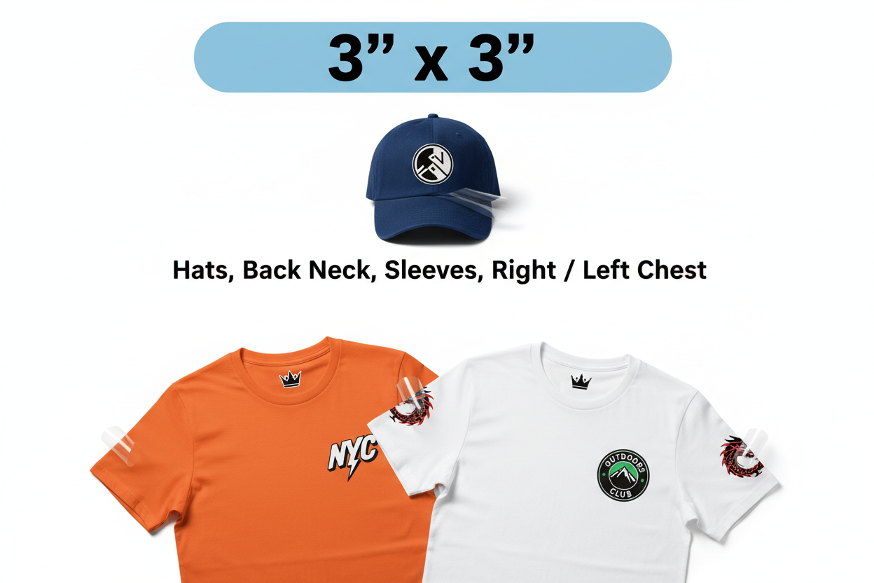 3x3 inch DTF transfer on hat, sleeve, back neck and chest placements with GRAVITY DESIGN streetwear logos and peeling film effect