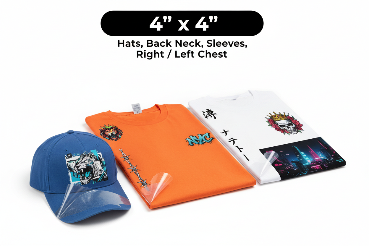 4x4 inch DTF transfer placement examples on hats, sleeves, chest and back neck with GRAVITY DESIGN streetwear graphics and partially peeled transfer film