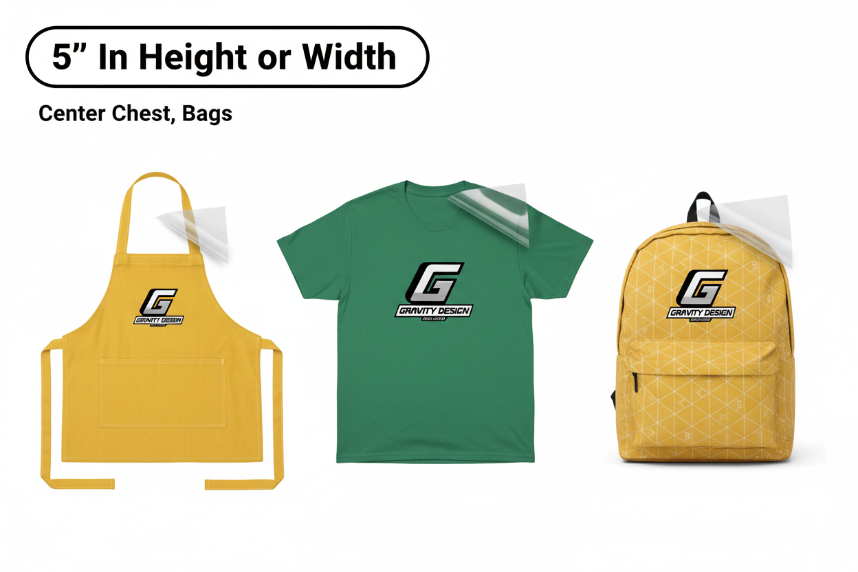 DTF transfer 5 inch size on apron, t-shirt and backpack with GRAVITY DESIGN streetwear logo and partially peeled transfer film showing application process