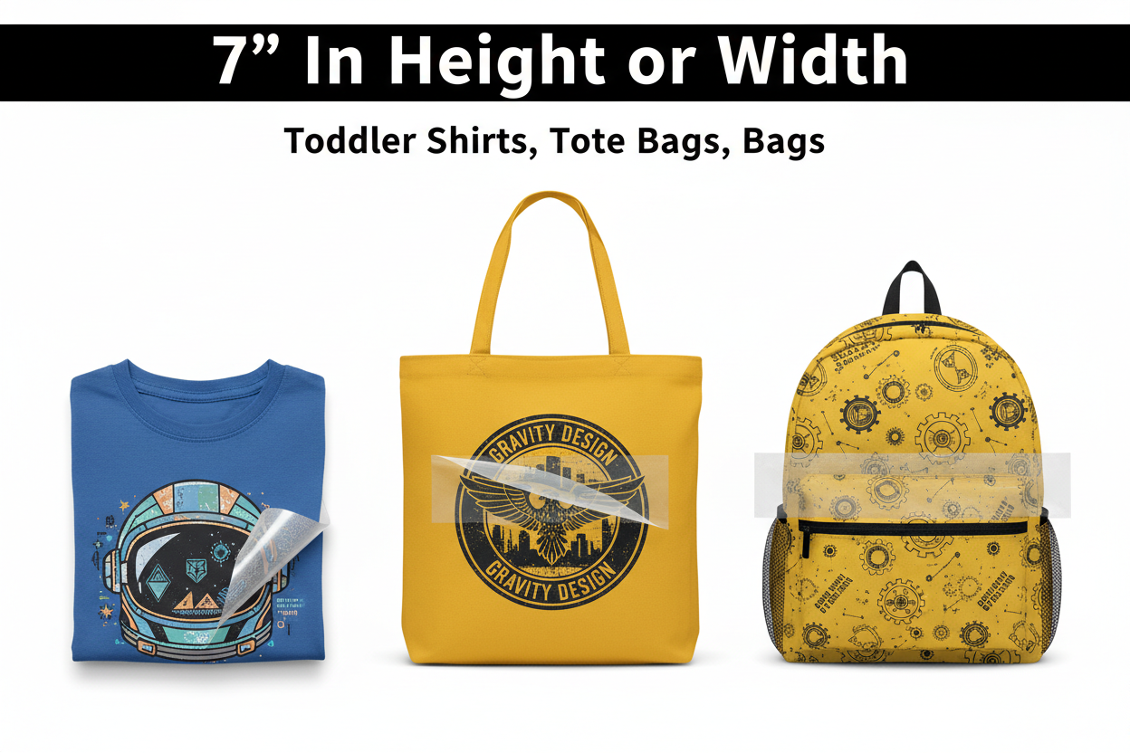 7 inch DTF transfer placement on toddler shirt, tote bag and backpack with GRAVITY DESIGN streetwear graphic and partially peeled film