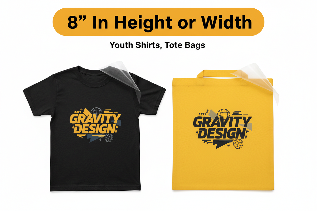 8 inch DTF transfer on youth t-shirt and tote bag showing GRAVITY DESIGN streetwear logo with peeling transfer film on white studio background