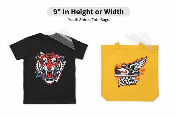 9 inch DTF transfer print on youth shirt and tote bag with GRAVITY DESIGN streetwear artwork and partially removed transfer film