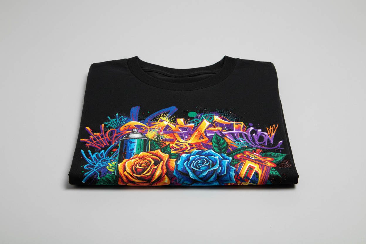 Custom DTF full color heat transfer applied on black t-shirt with vibrant colors