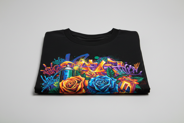Custom DTF full color heat transfer applied on black t-shirt with vibrant colors