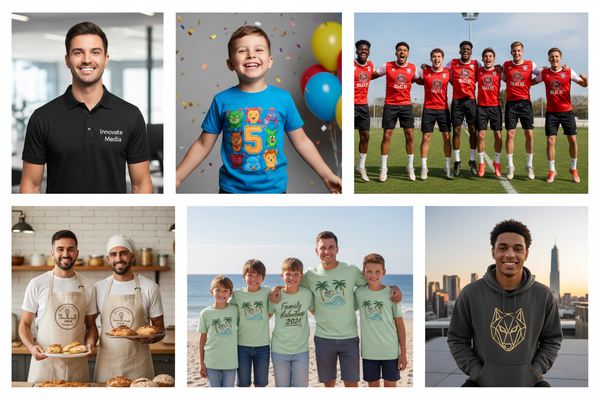 Real customer photos showing DTF heat transfer prints on custom t-shirts hoodies and apparel