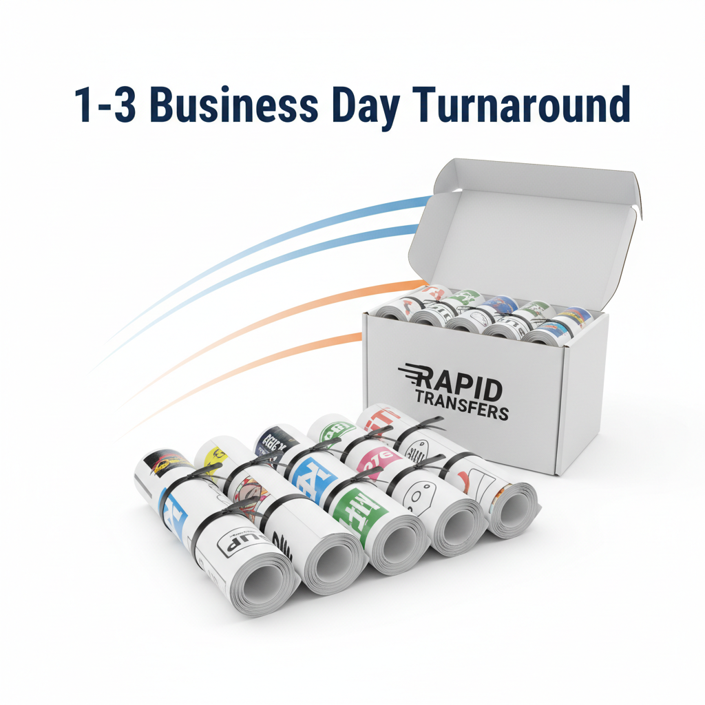 DTF gang sheet transfers packaged and ready for fast 1 to 3 business day shipping