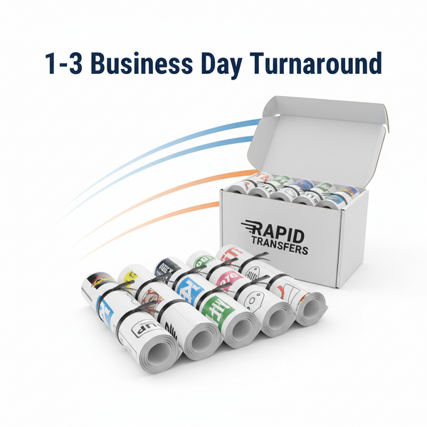 DTF gang sheet transfers packaged and ready for fast 1 to 3 business day shipping