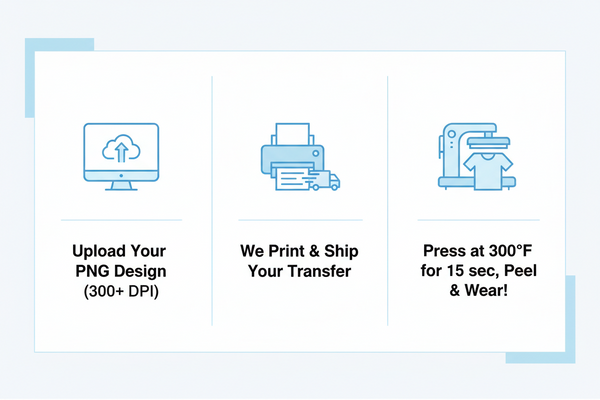 How to apply DTF transfer infographic showing 3 easy steps upload print and press