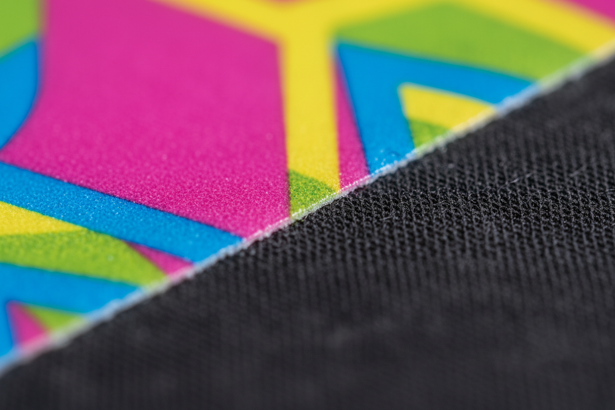 Close-up macro shot of DTF transfer showing vibrant colors sharp edges and soft feel on fabric