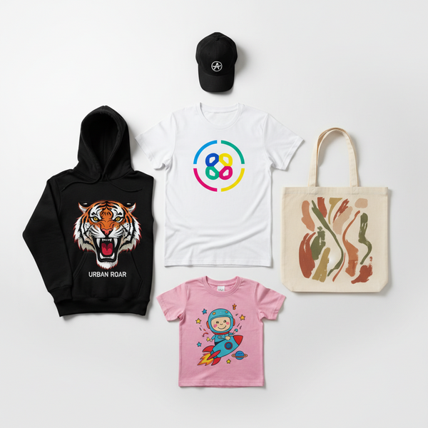 DTF heat transfers applied on various items including t-shirt hoodie tote bag and apron