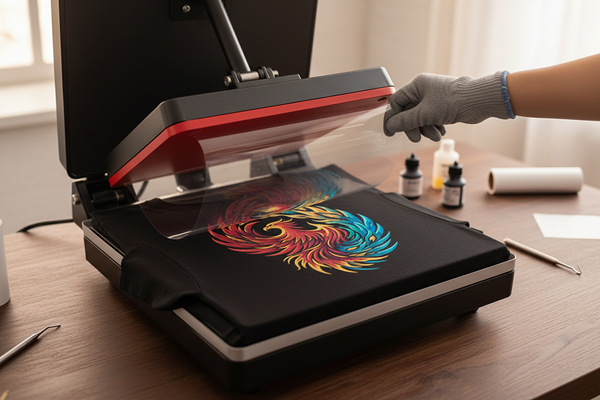 Peeling DTF transfer film from t-shirt showing vibrant full color print