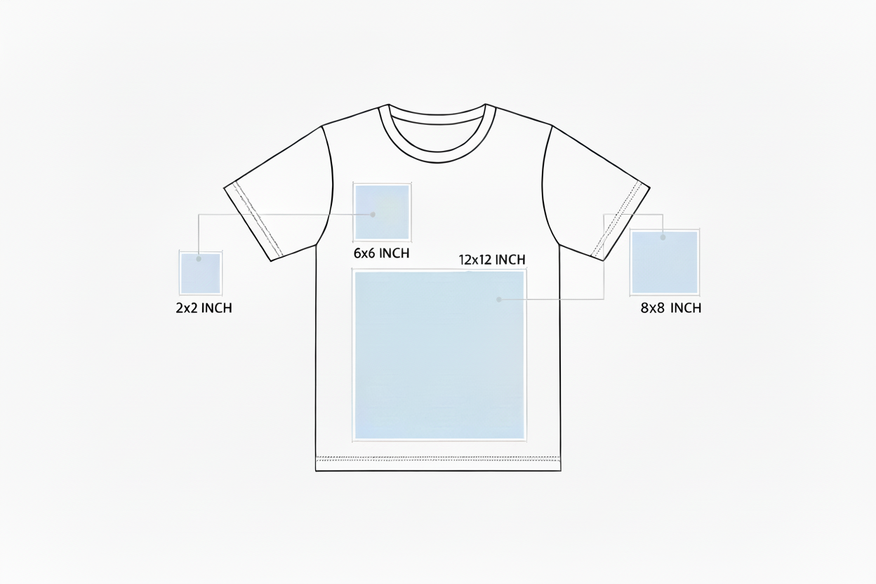 DTF transfer size guide showing 2 inch to 12 inch prints on t-shirt for scale comparison