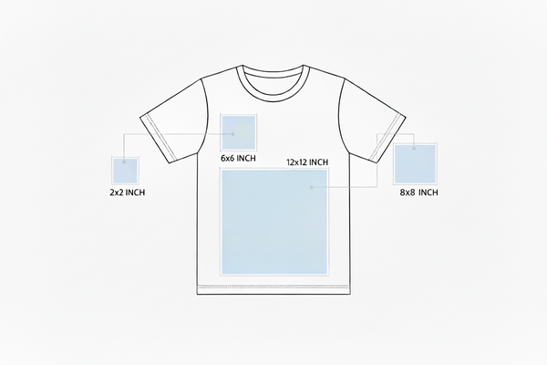 DTF transfer size guide showing 2 inch to 12 inch prints on t-shirt for scale comparison
