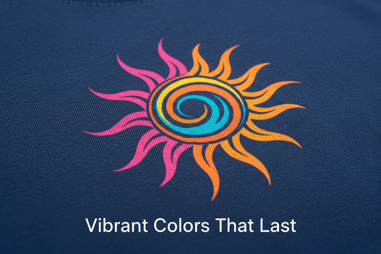 Close-up of durable DTF transfer print on t-shirt after washing showing vibrant colors and no cracking