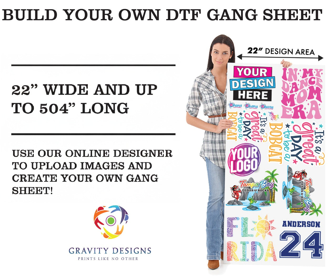 Promotional graphic for Gravity Designs DTF gang sheet with a woman holding a large sheet of printed designs.